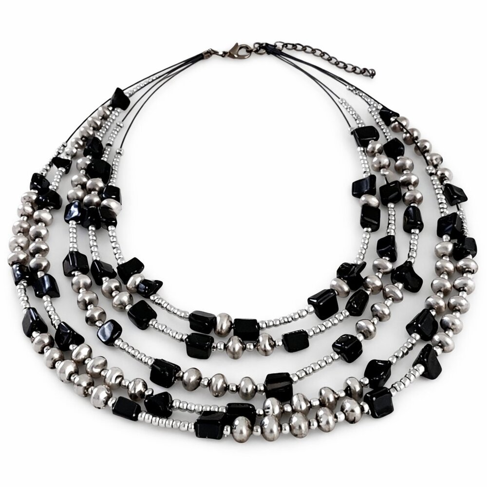 Women's Multi-Strand Necklace Black Silver Artisan Glass Bead Vintage Y2K